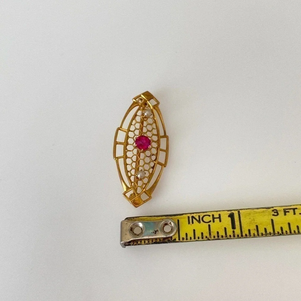 Vintage 10k Solid Yellow Gold Ruby Seed Pearl Petite Brooch Pin